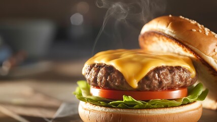 Close-up of a handcrafted hamburger with melted cheese, light smoke rising, blurred dark background, professional culinary style, ultra-realistic.