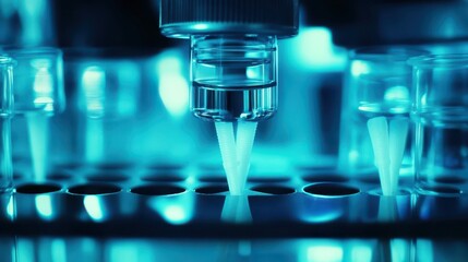 Laboratory equipment performing precise liquid dispensing into sterile sample tubes under blue scientific illumination