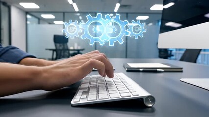 A person typing on a keyboard with gears symbolizing technology and innovation. - Powered by Adobe
