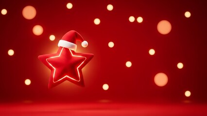Glowing Red Star with Santa Hat and Bokeh Lights on Festive Red Background