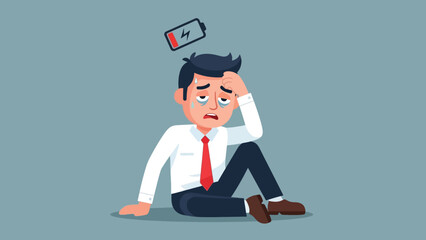 Exhausted businessman with low battery icon above head, indicating burnout.