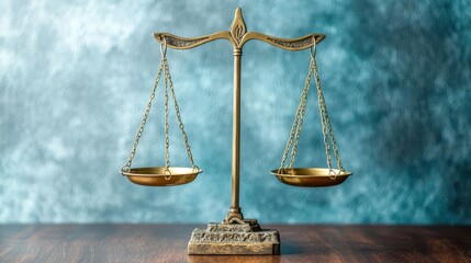 Polished brass scales of justice balanced precisely on a textured blue background