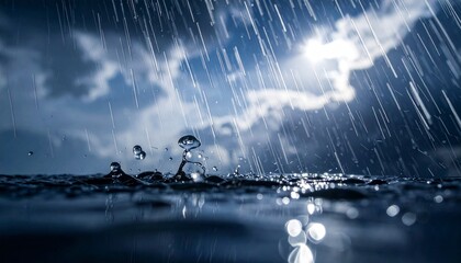 Dramatic Rain Shower Falling on Water Surface Creating Splash Drops