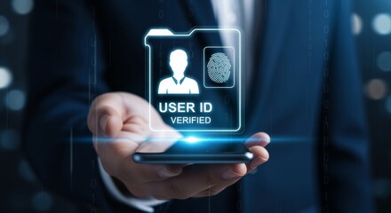 Businessman hand holding smartphone with virtual fingerprint scanner interface, biometric digital identity security technology concept and verified user ID access data control in server room.