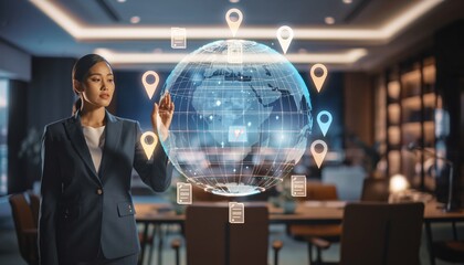 Asian businesswoman managing global digital network connection for corporate business strategy. Future technology innovation system integrating virtual communication data. Smart management interface.