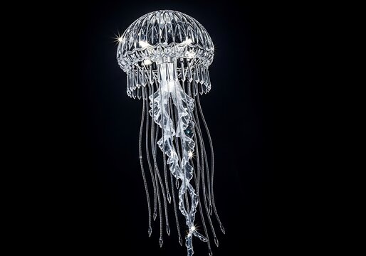 Ornate crystal jellyfish chandelier sparkles against a dark background.