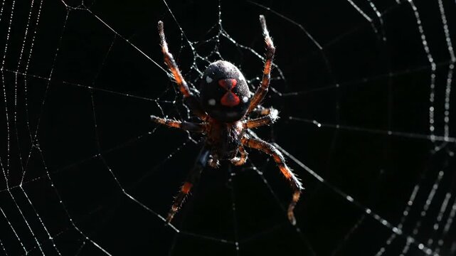 Spider in Web Close Up Macro Shot on Black Background.