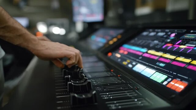 Medium shot focused on a digital operator screen displaying realtime adjustments for perfect color synchronization across wideformat print media.