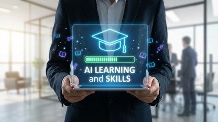 Lecturer or Teacher hand holding tablet with virtual AI learning skills interface and graduation cap icon, artificial intelligence education technology concept and smart digital study progress.