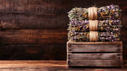 Stacked bundles of dried fragrant herbs tied with natural twine sit in a rustic wooden crate against a dark wood background