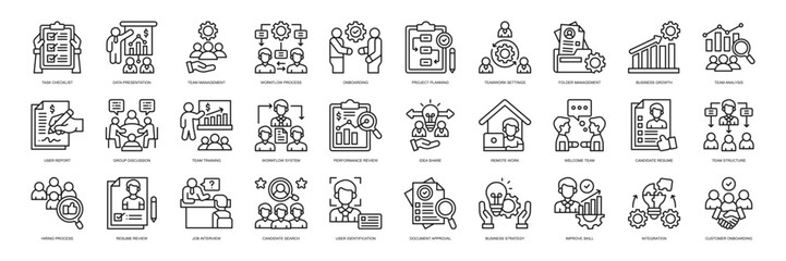 Onboarding icon collection line style. containing Task Checklist, Data Presentation, Team Management, Workflow Process, Onboarding, Project Planning, Teamwork