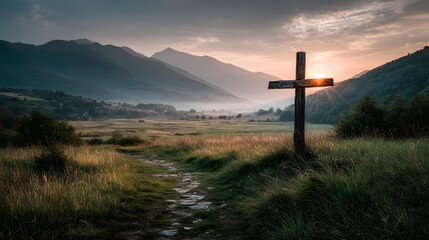 Simple wooden cross standing in a green field at sunrise with a path leading towards the light and morning mist in the valley for spirit.