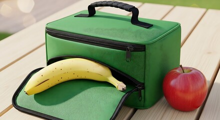 Green insulated lunch bag holds a banana and an .