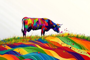 A colorful abstract portrayal of a cow grazing on a vibrant hill, where the grass transforms into waves of paint splashes, uniting nature with artistic expression.