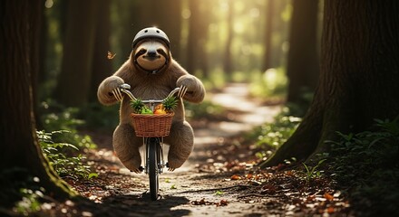 A smiling sloth rides a bicycle with a basket of fruit through a sunlit forest.