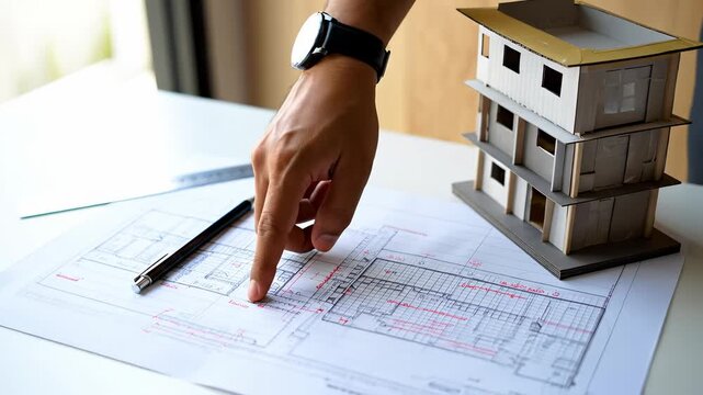 A detailed architectural plan and a scale model of a building on a desk, showcasing modern design elements and construction details, suitable for professionals in the architecture and design field.