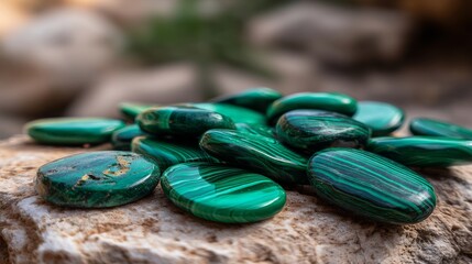 Polished malachite stones with vibrant green bands arranged on a textured surface, showcasing natural mineral beauty