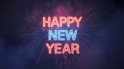 Neon "Happy New Year" Typography with Festive Fireworks Background