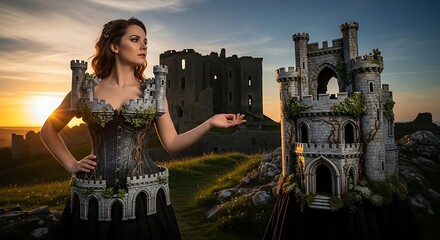Woman in elaborate castle costume poses near miniature fortress at sunset.