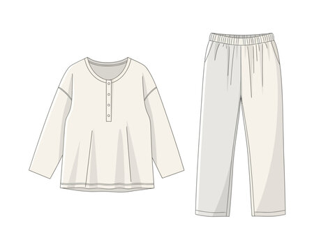 Comfortable Beige Pajama Set Illustration Henley Top and Elastic Waist Pants for Relaxation