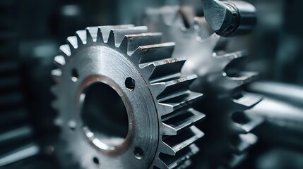 Close-up view of metallic gear mechanism illuminated with precise controlled lighting showcasing detailed industrial engineering, modern machinery components and high-quality mechanical design craftsm
