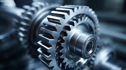 Close-up of metallic gear mechanism with precise lighting, emphasizing engineering, industrial and mechanical design detail
