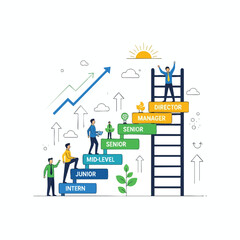 Illustration depicts career progression with people climbing a ladder