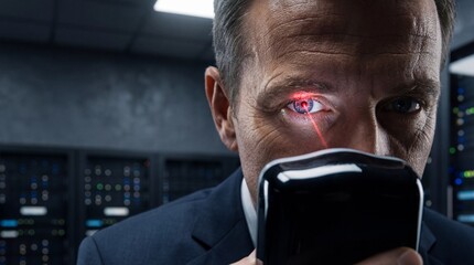 Man Scans Eye With Red Laser In Data Center