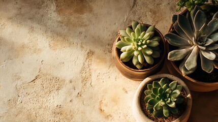 Close-up of succulent plants arranged on textured surface with warm natural light, highlighting minimal decor and indoor gardening