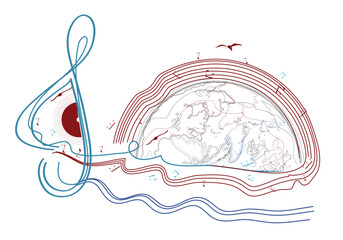 Abstract musical design with a treble clef and Planet Earth, colorful splashes, notes and waves.  Planet music. Hand drawn vector illustration.