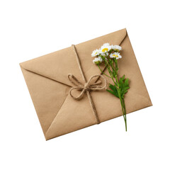 Brown paper envelope with twine and daisies on top isolated on transparent background