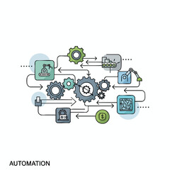 A network of gears, robotic arms, and diagrams illustrates automation and flow