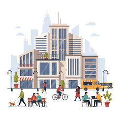 Flat illustration of a city scene with buildings, people, a food truck, and more