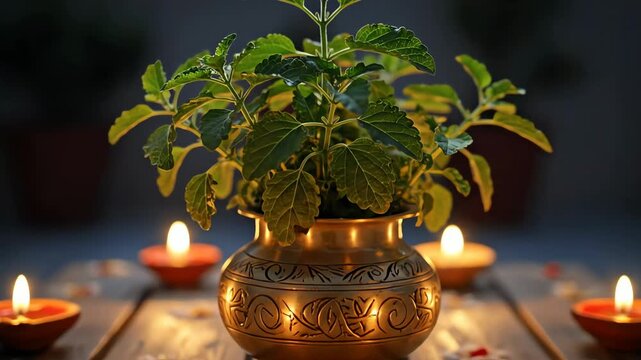 Tulsi Plant and Lit Diyas in Brass Pot Religious Ritual