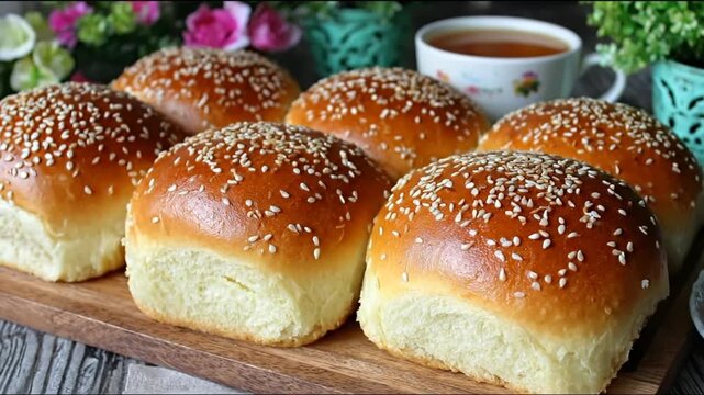 Freshly baked sesame seed buns displayed on a wooden board.