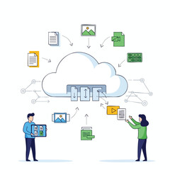 Illustration depicts cloud storage with documents and media, plus two users