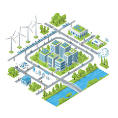 Isometric illustration of a sustainable city with renewable energy and public transportation