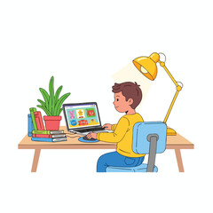 Illustration of a child using a laptop at a desk with lamp and books