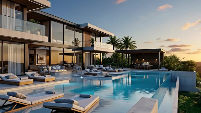 Luxurious Modern Villa with Infinity Pool Surrounded by Lush Palm Trees at Sunset in Tropical Paradise, Perfect for Relaxation and Entertainment