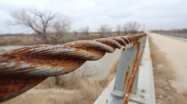 Close-up of a heavily rusted, twisted steel cable railing on a weathered bridge structure outdoors