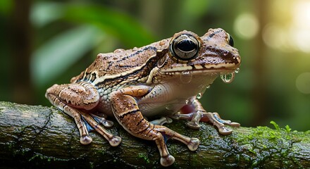 Brown striped amphibian perched on a mossy branch in a forest.