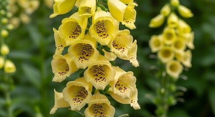 Tall stalk of yellow foxglove flowers with dark spots bloom.