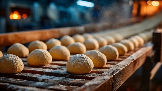 Unbaked round dough balls moving in rows on a factory conveyor belt with soft flour dusting and warm bakery lighting in industrial setting.