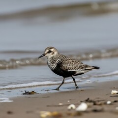 Small shorebird walks along a sandy beach next to gentle waves.