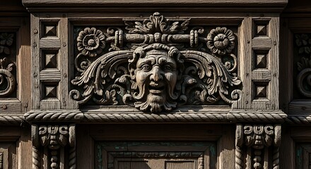 Ornate wooden door carving features a detailed mythological face.