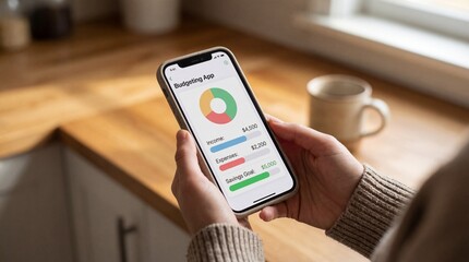 Woman using budgeting app on phone in kitchen