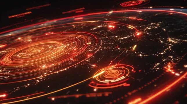 Global satellite surveillance network with multiple orbital paths and target lock points over world map (AI Generated)