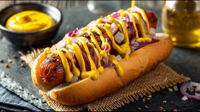 Sizzling Hot Dog With Mustard And Onions
