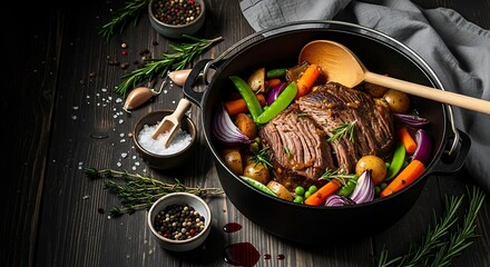 Hearty pot roast with root vegetables and fresh herbs simmers in a cast iron pot.