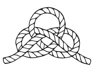 The option of tying a knot for insurance. Climbing rope, sea rope, knots and loops. Drawing on a white background background. A schematic representation of a braided rope rolled into a bright-colored 